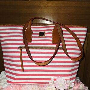 Dooney & Bourke Pink & White Striped Canvas Tote with Leather Trim